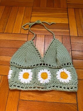 Handmade Crochet Daisy Halter Top in Sage Green